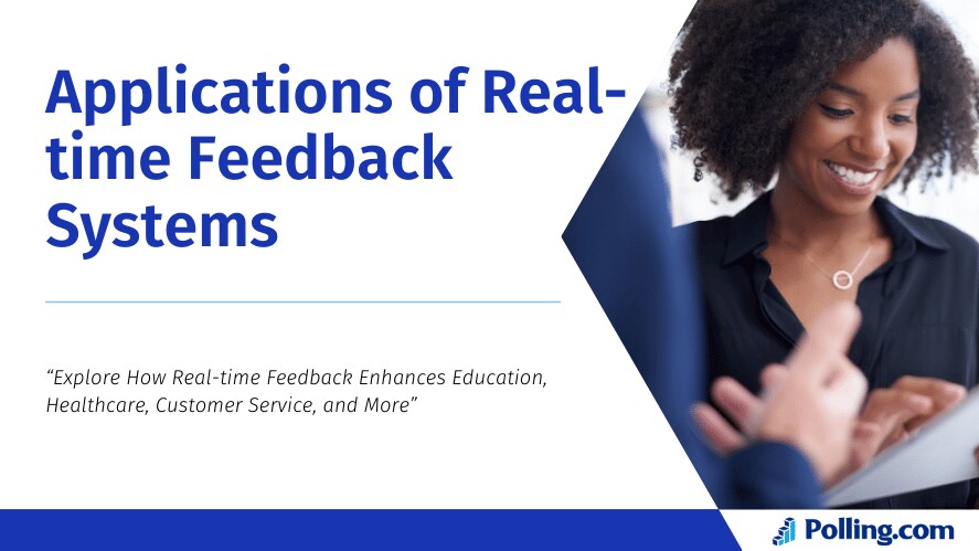 The banner features a smiling woman engaging with a colleague, holding a document. The text on the left reads 'Applications of Real-time Feedback Systems,' followed by the sub-statement 'Explore How Real-time Feedback Enhances Education, Healthcare, Customer Service, and More.