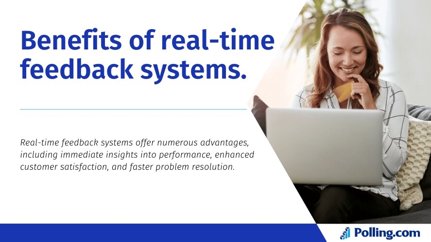 The banner features a smiling woman working on a laptop. The text on the left reads 'Benefits of real-time feedback systems,' followed by the sub-statement 'Real-time feedback systems offer numerous advantages, including immediate insights into performance, enhanced customer satisfaction, and faster problem resolution.