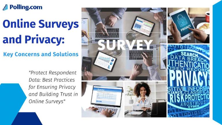 Image showing the Online Surveys and Privacy banner from Polling.com. The banner features a collage of images including people working on laptops and tablets, data privacy icons, and the word 'SURVEY' overlaid on a group of people working.