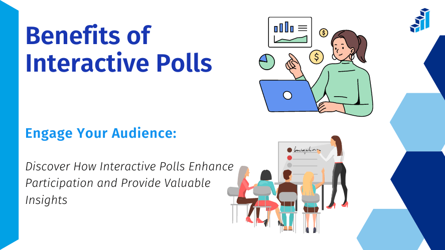 Image showing the Benefits of Interactive Polls banner from Polling.com. The banner features illustrations of people engaging with interactive polls, including charts and a group discussion.