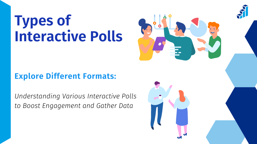 Image showing the Types of Interactive Polls banner from Polling.com. The banner features illustrations of people interacting with various types of polls, including charts, graphs, and digital devices.