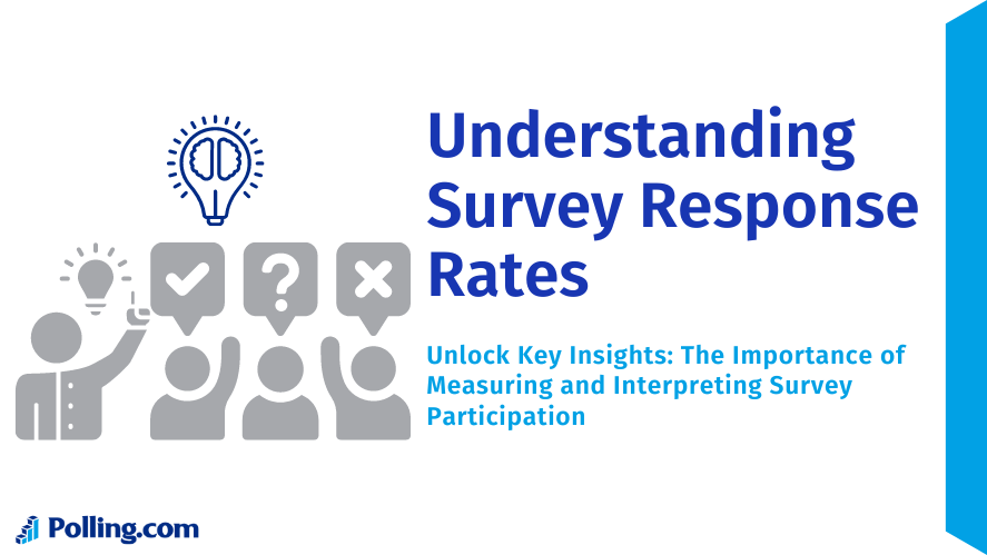 Image showing the Understanding Survey Response Rates banner from Polling.com. The banner features illustrations of people with icons representing ideas, approval, and questions.