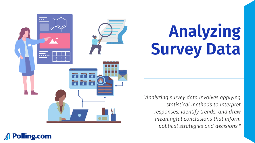 The title is in bold blue text, and below it, a sub-statement reads: "Analyzing survey data involves applying statistical methods to interpret responses, identify trends, and draw meaningful conclusions that inform political strategies and decisions.