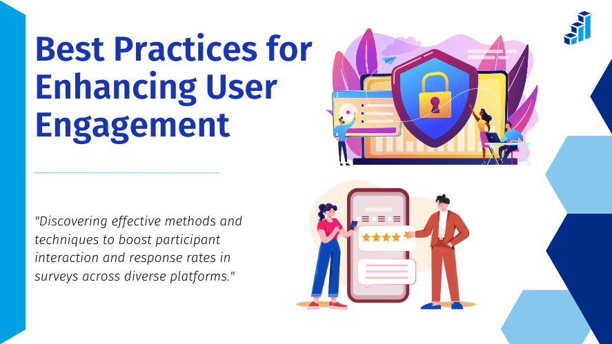 The banner features illustrations of various devices such as tablets and smartphones, highlighting survey interaction. One illustration shows a large lock symbolizing security, and another depicts people giving ratings and feedback. The sub statement reads, "Discovering effective methods and techniques to boost participant interaction and response rates in surveys across diverse platforms."