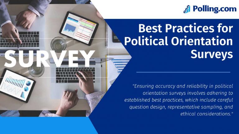 An image titled "Best Practices for Political Orientation Surveys" from Polling.com. It features a top-down view of people working on laptops and tablets displaying survey data and charts. The word "SURVEY" is prominently displayed in large white text across the center of the image.