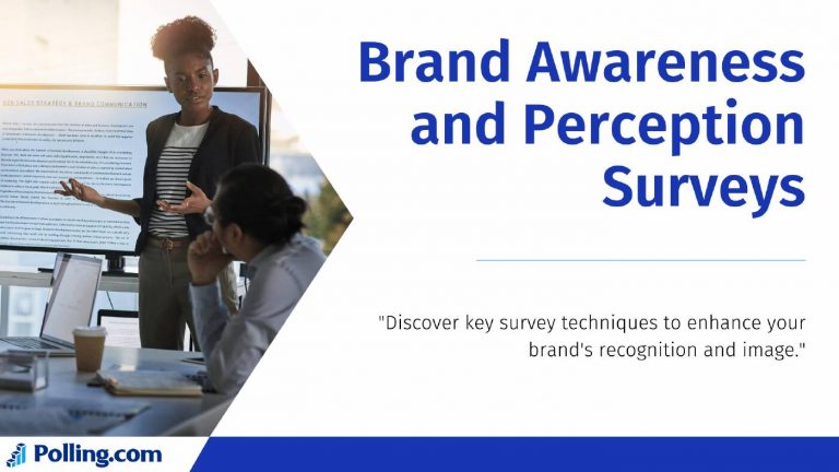 A professional setting with a woman standing and presenting in front of a screen that displays the text "B2B Sales Strategy & Brand Communication." Another person is seated, listening attentively. The image is on the left, while the right side contains text reading "Brand Awareness and Perception Surveys." Below this text, there is a sub-statement: "Discover key survey techniques to enhance your brand's recognition and image." The bottom left corner has the logo "Polling.com" with a bar chart icon.