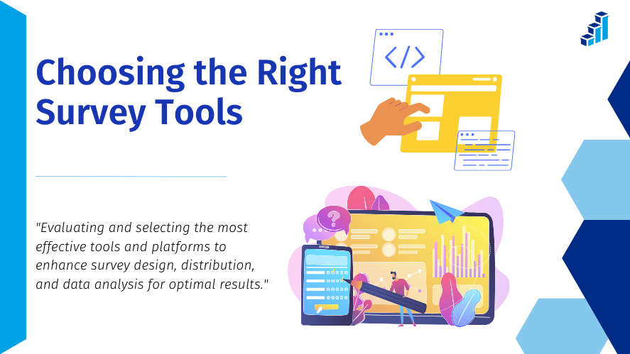 The banner features illustrations of a hand selecting survey software, and people interacting with survey data on various devices such as tablets and smartphones. The sub statement reads, "Evaluating and selecting the most effective tools and platforms to enhance survey design, distribution, and data analysis for optimal results."