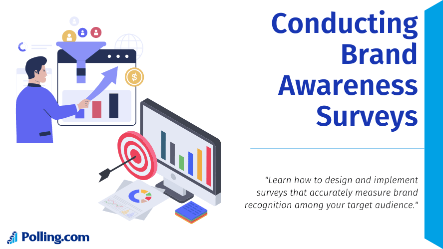 Brand Awareness and Perception: Survey Strategies for Success. An illustration depicts a person analyzing data on a computer screen displaying bar charts and graphs. A large target icon with an arrow hitting the center is shown in front of the computer, symbolizing precise measurement. Additional visual elements include a funnel chart and various data points.