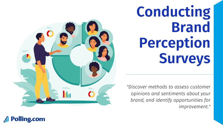 Brand Awareness and Perception: Survey Strategies for Success. An illustration shows a person standing next to a pie chart filled with diverse customer faces, representing different demographics and perspectives. Additional elements like smaller pie charts and graphs are scattered around, symbolizing data analysis.