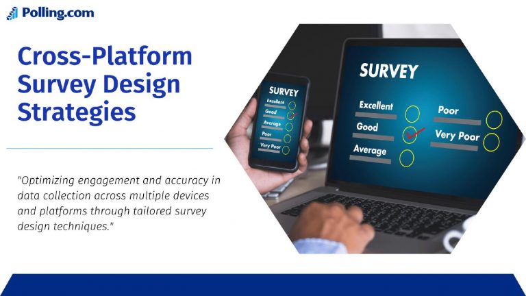 A digital banner for Polling.com titled "Cross-Platform Survey Design Strategies." The banner features images of a survey being filled out on a smartphone and a laptop, both displaying a rating scale from "Excellent" to "Very Poor." The sub statement reads, "Optimizing engagement and accuracy in data collection across multiple devices and platforms through tailored survey design techniques." The banner uses blue and white colors, with a professional and modern design.