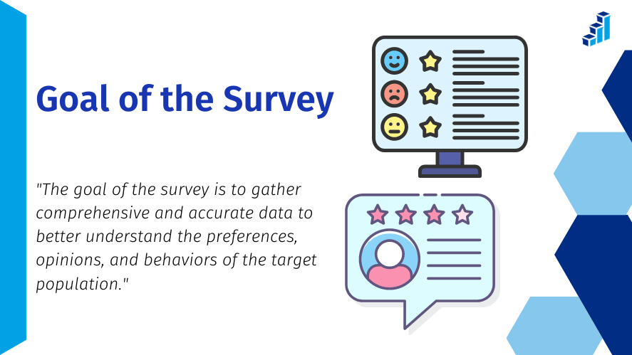 An image titled "Goal of the Survey" from Polling.com. It features illustrations of survey results, including rating stars and feedback icons. The title is in bold blue text, and below it, a sub-statement reads: "The goal of the survey is to gather comprehensive and accurate data to better understand the preferences, opinions, and behaviors of the target population.