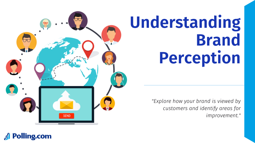 Brand Awareness and Perception: Survey Strategies for Success. An illustration shows a world map on a computer screen with a "send" button below an envelope icon, indicating communication or outreach. Surrounding the screen are icons of people representing diverse customer profiles and locations.