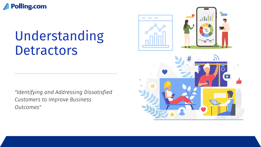 The right side features illustrations of people interacting with data charts, smartphones, and engaging in customer feedback activities, symbolizing the process of understanding and addressing customer dissatisfaction.