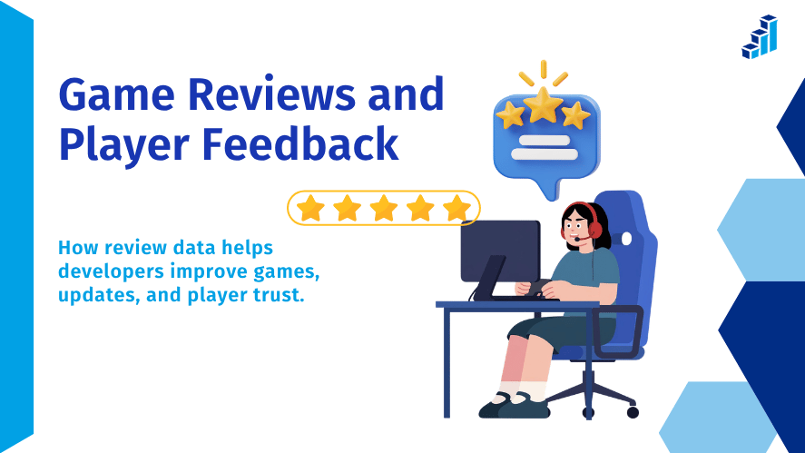 Game reviews and player feedback graphic showing how review data helps developers understand player needs and improve games.