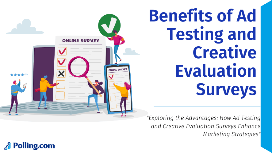 A vibrant cartoon-style illustration depicting several individuals engaging with oversized survey tools for ad testing and creative evaluation.