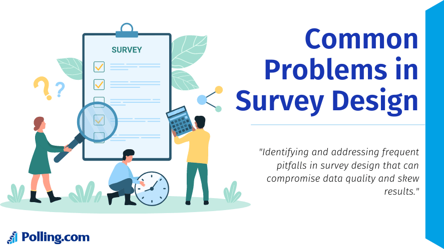 The image features an illustrated scene with four people interacting with elements that represent common problems in survey design. One person is holding a magnifying glass over a large checklist on a clipboard, another person is kneeling and pointing at a clock, indicating time-related issues, and a third person is holding a tablet with question marks floating nearby, suggesting confusion or uncertainty. The fourth person is observing the scene with a puzzled expression. To the right, the title "Common Problems in Survey Design" is displayed in bold blue text. Below the title is a sub-statement that reads: "Identifying and addressing frequent pitfalls in survey design that can compromise data quality and skew results." The "Polling.com" logo is visible at the bottom left corner of the image.