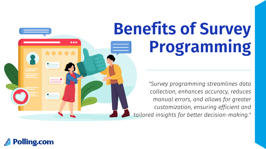 The illustration shows two people interacting in front of a large survey interface, which includes star ratings, text fields, and user profile icons.