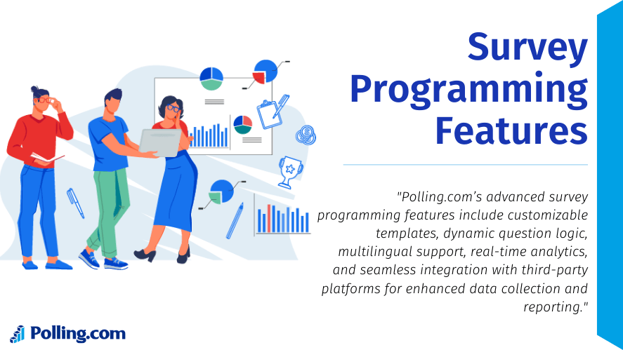 The illustration features three people reviewing survey data on digital devices, with charts, graphs, and pie charts floating around them. The visuals highlight data analysis and reporting.