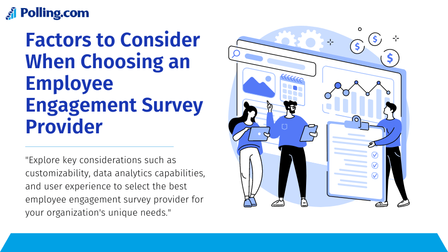 They are interacting with large displays that showcase various analytics and data points, highlighting the importance of customizability, data analytics capabilities, and user experience in choosing the right survey provider.