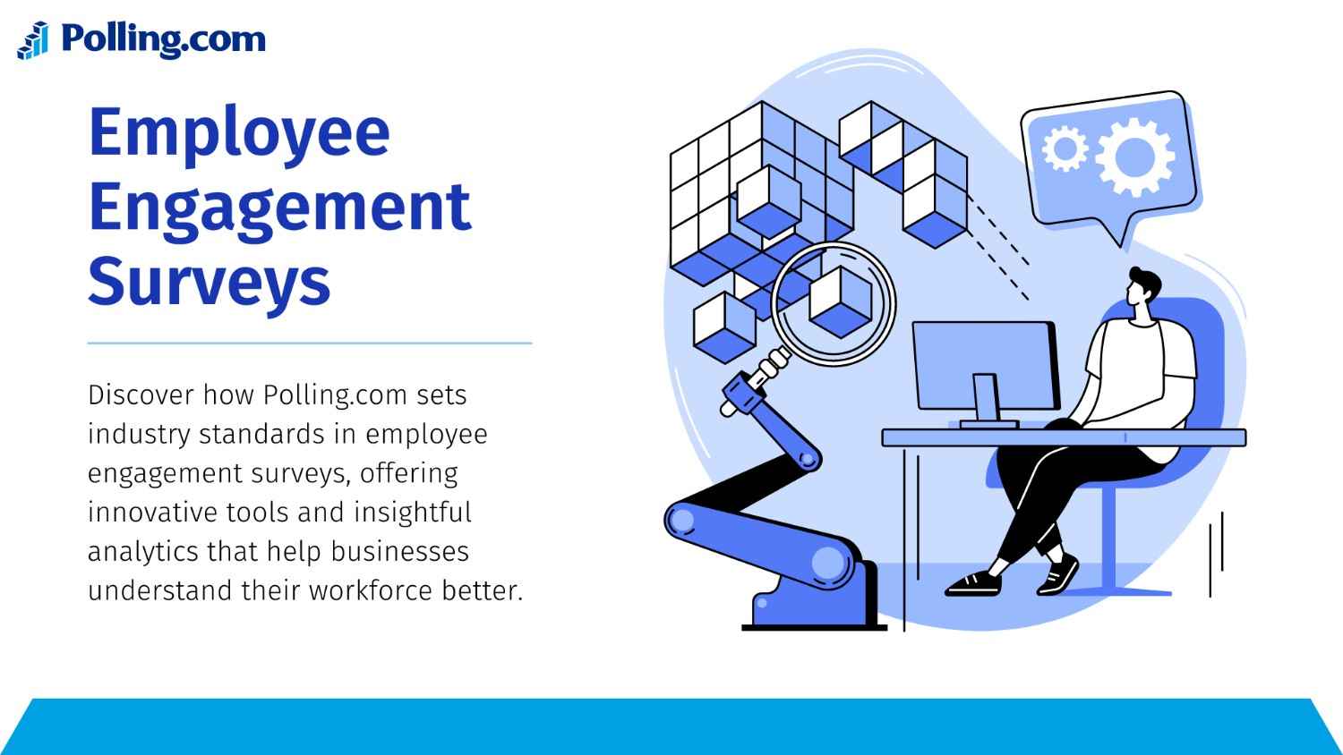 Promotional graphic for Polling.com featuring 'Employee Engagement Surveys'. The image illustrates a professional setting with a person working at a desk, looking at a computer screen, surrounded by icons representing analytical tools like magnifying glasses and gears, and abstract data blocks. The design uses a blue and white color scheme, emphasizing modern, clean aesthetics.