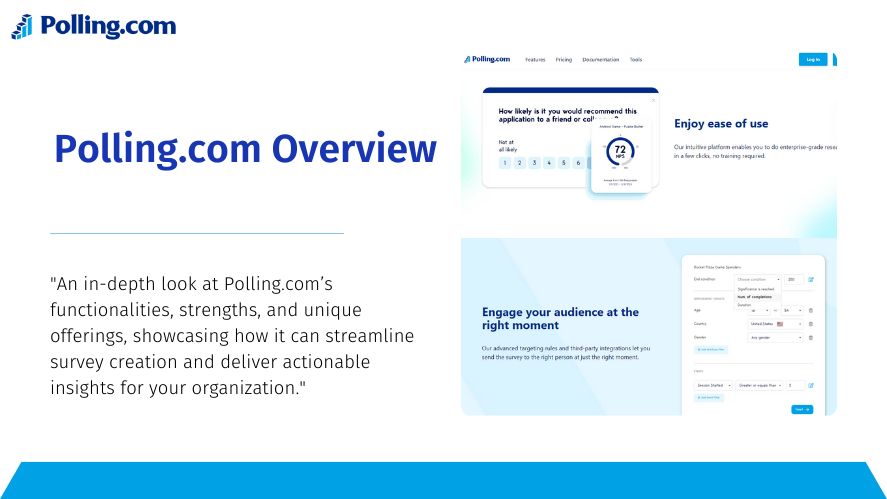 Overview image of Polling.com featuring the Polling.com logo in the top left corner. The title 'Polling.com Overview' is displayed in bold blue text on the left, accompanied by a sub-statement below that reads: 'An in-depth look at Polling.com’s functionalities, strengths, and unique offerings, showcasing how it can streamline survey creation and deliver actionable insights for your organization.