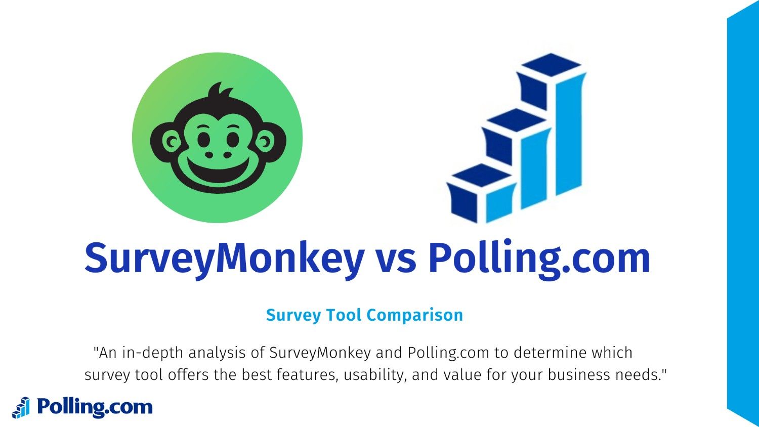 Comparison image featuring the logos of SurveyMonkey and Polling.com. The left side displays the SurveyMonkey logo, a green circle with a smiling monkey face, while the right side shows the Polling.com logo with blue bar graph blocks. The text reads: 'SurveyMonkey vs Polling.com - Survey Tool Comparison.