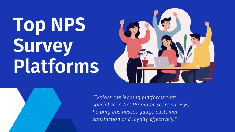 Illustration of a diverse group of happy people celebrating around a laptop, representing a positive collaborative environment. The text 'Top NPS Survey Platforms' is prominently displayed on a blue background. Subtext reads 'Explore the leading platforms that specialize in Net Promoter Score surveys, helping businesses gauge customer satisfaction and loyalty effectively.