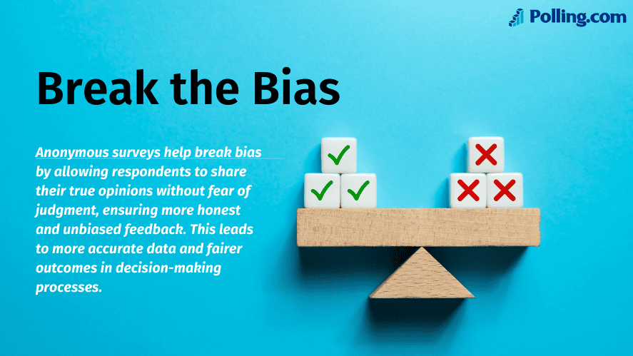 
The image titled "Break the Bias" shows a balance scale with blocks marked by green checkmarks on one side and red crosses on the other, symbolizing fairness and bias correction. The accompanying text states: "Anonymous surveys help break bias by allowing respondents to share their true opinions without fear of judgment, ensuring more honest and unbiased feedback. This leads to more accurate data and fairer outcomes in decision-making processes." The image is branded with "Polling.com" in the top right corner.