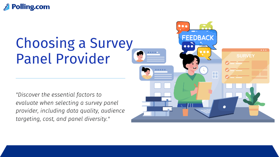 The scene highlights key considerations such as data quality, audience targeting, and feedback when selecting a survey panel provider.