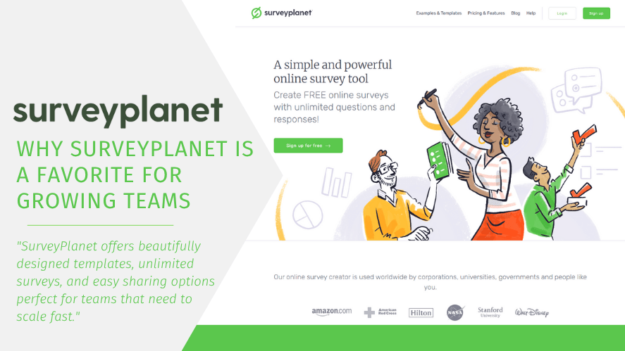 Free Poll Makers A promotional image for SurveyPlanet, showcasing its user-friendly interface and colorful illustration of people engaging with mobile devices. On the left, text reads: “Why SurveyPlanet Is a Favorite for Growing Teams” with a statement about its templates, unlimited surveys, and easy sharing ideal for scalable team use. The right side displays SurveyPlanet’s homepage and client logos like Amazon and Disney.