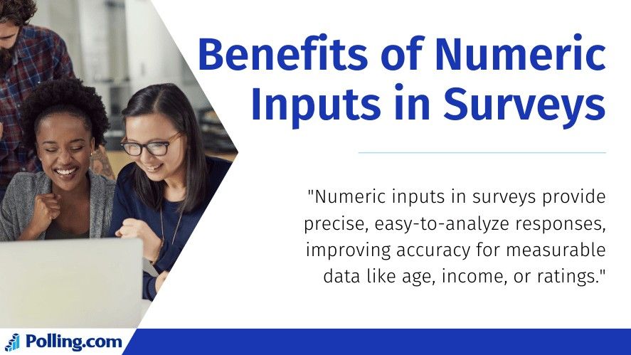 "Three people reviewing a survey on a laptop, emphasizing the 'Benefits of Numeric Inputs in Surveys' for accurate, measurable data like age, income, and ratings. The image highlights the efficiency and clarity numeric inputs bring to survey responses."