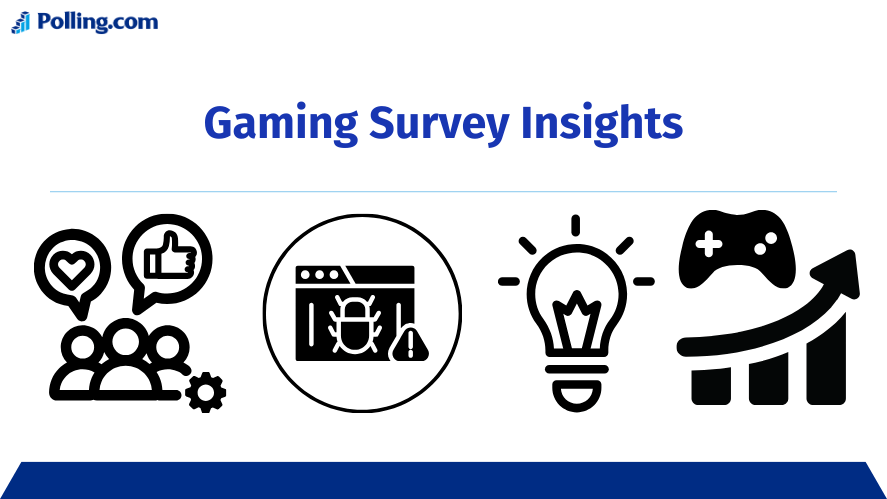 Gaming Survey Insights: Showing the benefits of gaming surveys with clipart of satisfied audiences, discovered game bugs, new game ideas, and game success.