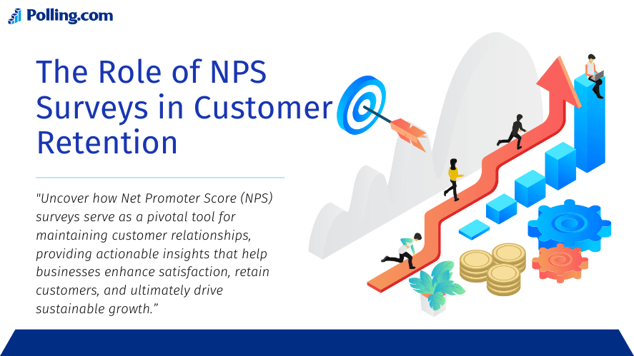 Infographic showing the impact of NPS surveys on customer retention, featuring a growth chart with figures climbing a trend line, highlighting interaction points, strategic elements like gears and coins, and a target symbol, all representing the systematic approach to enhancing customer loyalty.