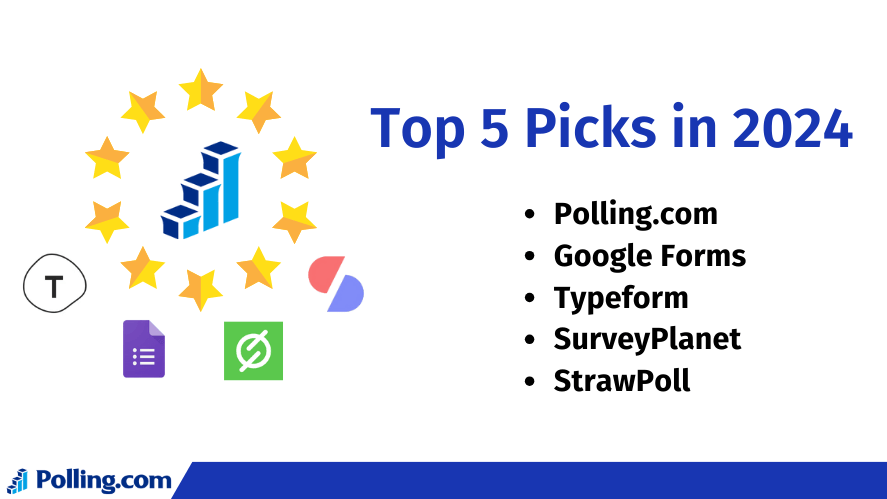 Top5 Picks Free Poll Makers with Unlimited Responses. Showing Logo and names of the top 5 polling platforms:
Polling.com
Google Forms
Typeform
SurveyPlanet
Strawpoll