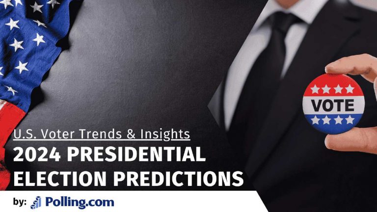 2024 Presidential Election Predictions: U.S. Voter Trends and Insights banner by Polling.com featuring an American flag and a hand holding a vote button