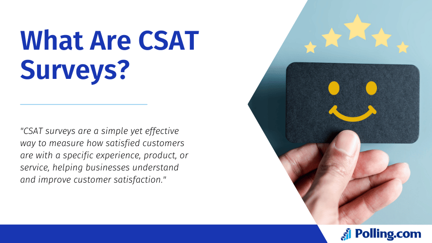 Image featuring a hand holding a card with a smiley face under a set of five stars, symbolizing customer satisfaction, accompanied by the text 'What Are CSAT Surveys?' and a brief description about measuring and improving customer satisfaction using CSAT surveys.