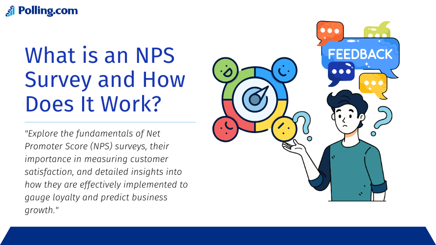 Educational banner for an article on NPS Surveys featuring a title, explanatory subtitle, and graphics including a feedback wheel and cartoon character contemplating various feedback icons, symbolizing the process of gathering and analyzing customer satisfaction data.