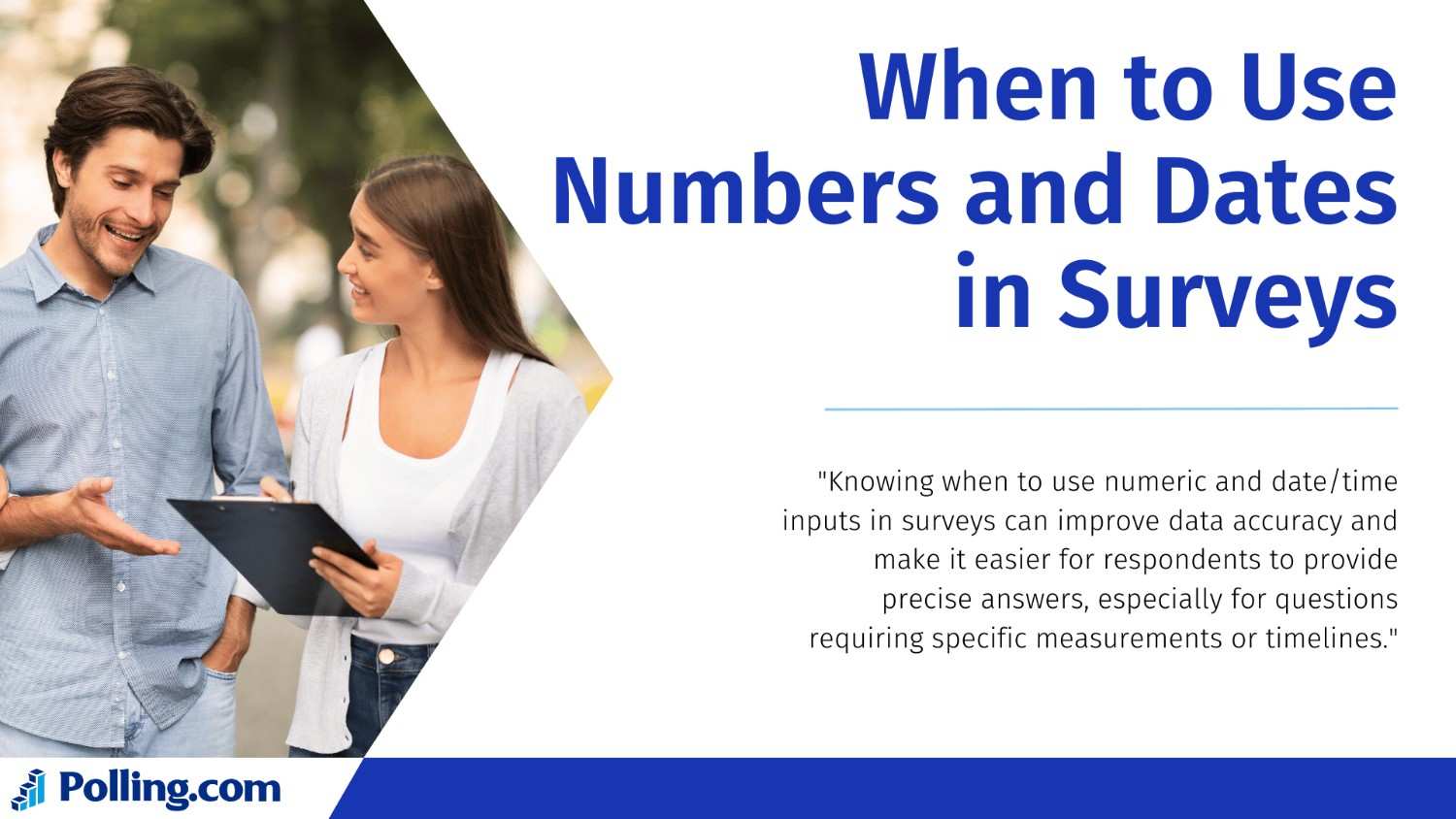 Two individuals discussing survey strategies, with the focus on 'Numeric and Date/Time Inputs' for improving accuracy and clarity in survey data. The image complements the topic of effectively using these inputs in surveys to gather precise information.