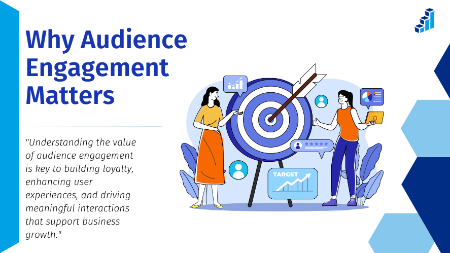 Illustration of two people discussing audience engagement around a large target symbol, with charts and graphs representing growth and user data. Text reads, 'Why Audience Engagement Matters' with subtext: 'Understanding the value of audience engagement is key to building loyalty, enhancing user experiences, and driving meaningful interactions that support business growth.