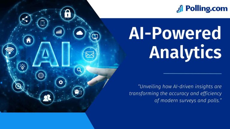 Digital illustration of AI technology icons interconnected in a glowing network, with the title 'AI-Powered Analytics' and the subtitle 'Unveiling how AI-driven insights are transforming the accuracy and efficiency of modern surveys and polls,' presented in a sleek blue and white design.