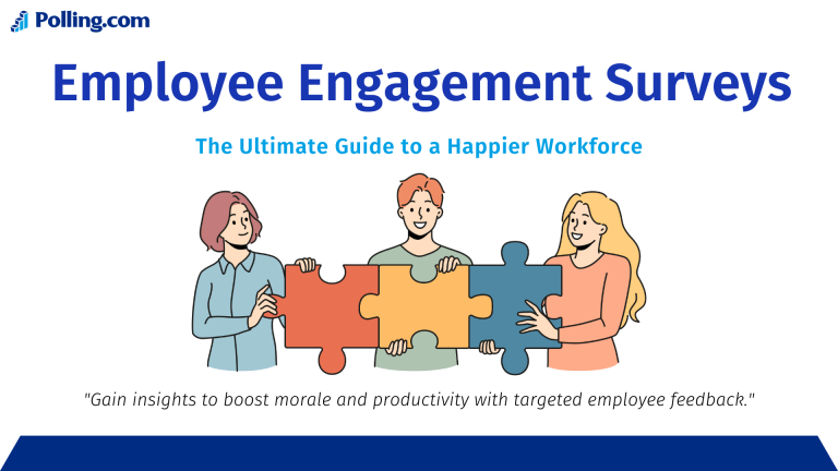 Illustration of three employees holding interconnected puzzle pieces under the title 'Employee Engagement Surveys,' with the subtitle 'The Ultimate Guide to a Happier Workforce' and the tagline 'Gain insights to boost morale and productivity with targeted employee feedback.