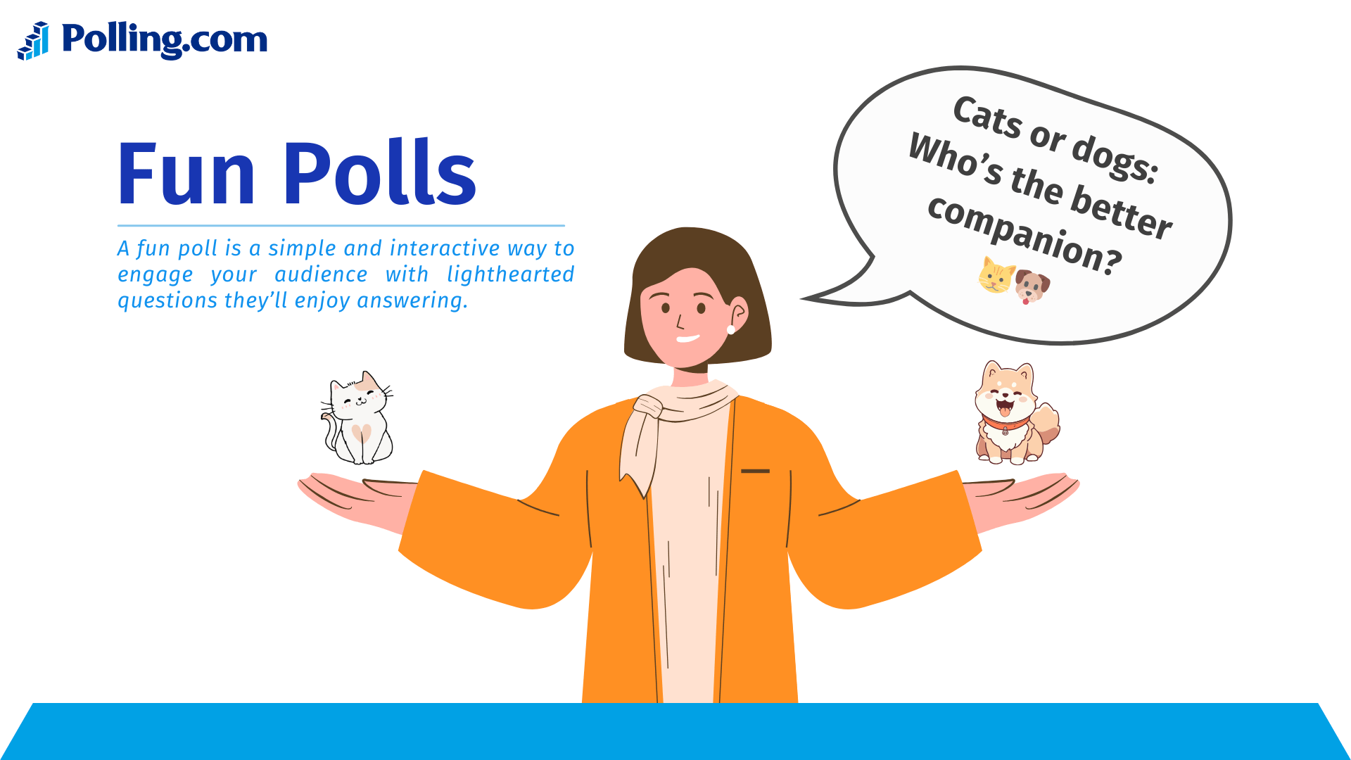 Illustration promoting "Fun Polls" with a person balancing a cat and a dog in each hand, accompanied by a question bubble asking, "Cats or dogs: Who’s the better companion?"