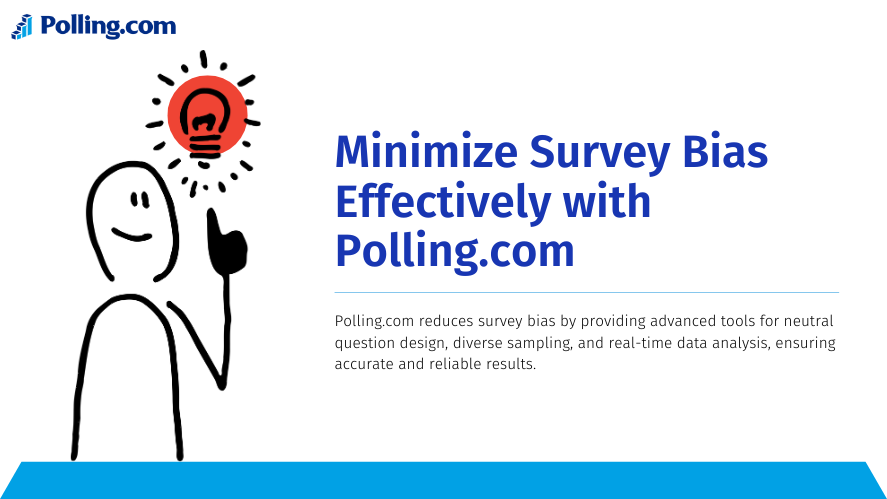 A visual promoting Polling.com as a tool to reduce biases in surveys, featuring a figure pointing to a glowing lightbulb symbolizing innovation and solutions for minimizing survey inaccuracies.