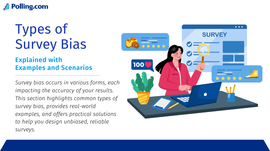 "Illustration of a woman working on a laptop with survey-related icons, including ratings, feedback, and analytics, representing the concept of types of survey bias explained with examples and scenarios.