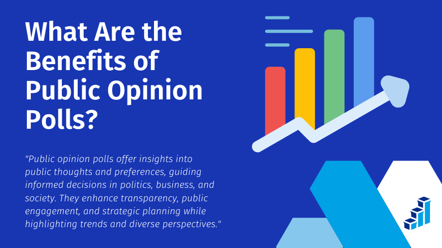 An infographic titled 'What Are the Benefits of Public Opinion Polls?' featuring a bar chart with an upward arrow symbolizing growth and insights. The text explains how polls guide informed decisions, enhance transparency, and highlight diverse perspectives. The design includes vibrant colors and hexagonal patterns on a professional blue background.