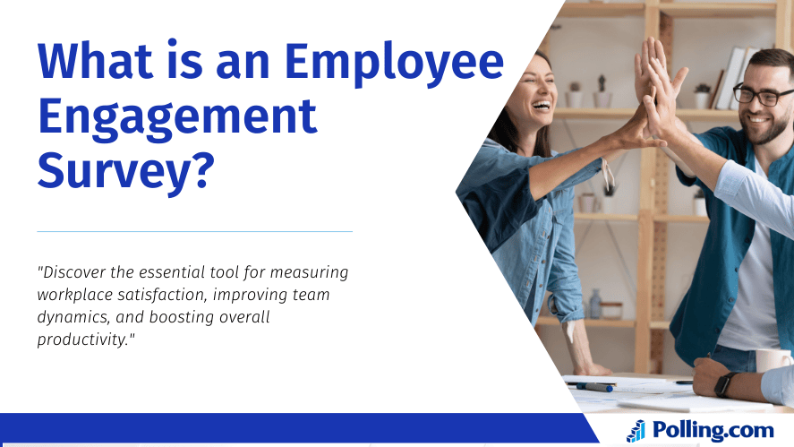 Illustration of a group of coworkers high-fiving in an office setting next to the title 'What is an Employee Engagement Survey?' and the tagline 'Discover the essential tool for measuring workplace satisfaction, improving team dynamics, and boosting overall productivity.