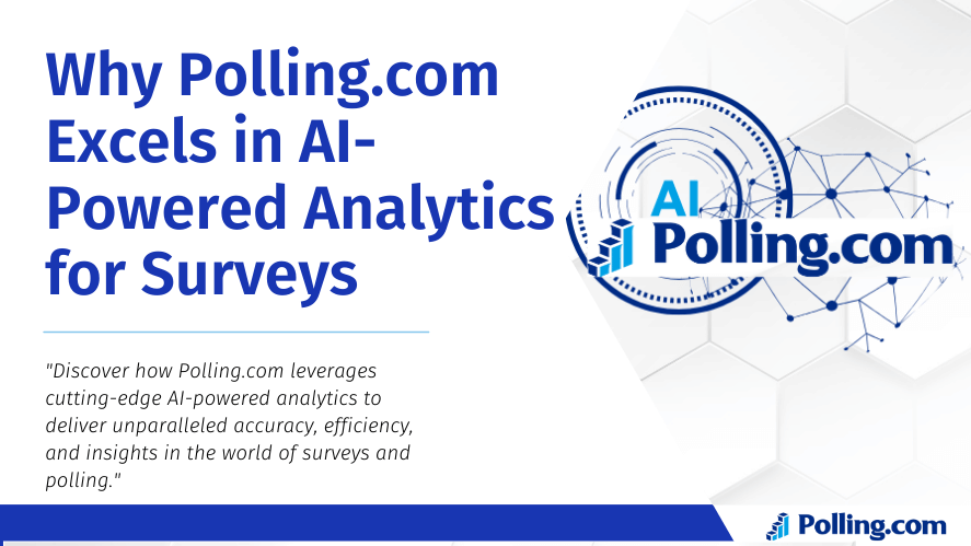 Image featuring the title 'Why Polling.com Excels in AI-Powered Analytics for Surveys' with a futuristic design including digital network connections and Polling.com branding. The accompanying substatement highlights the platform's ability to provide unparalleled accuracy, efficiency, and insights in surveys and polling.