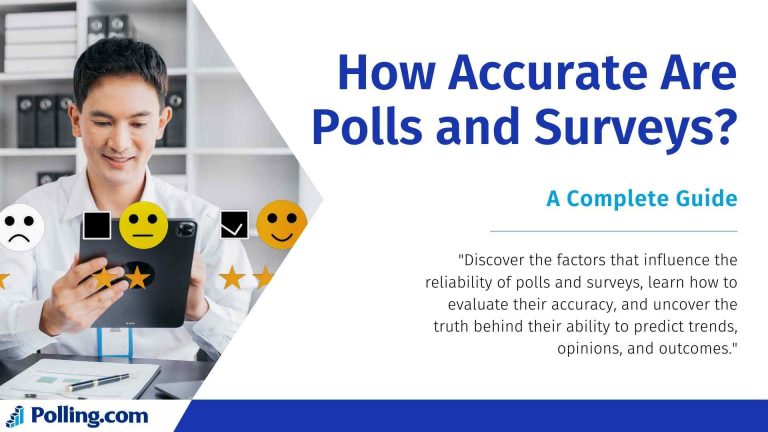 A professional analyzing a tablet with survey icons, including happy and sad emojis, checkboxes, and star ratings, accompanied by the title 'How Accurate Are Polls and Surveys? A Complete Guide' and the tagline 'Discover the factors that influence the reliability of polls and surveys, learn how to evaluate their accuracy, and uncover the truth behind their ability to predict trends, opinions, and outcomes.'