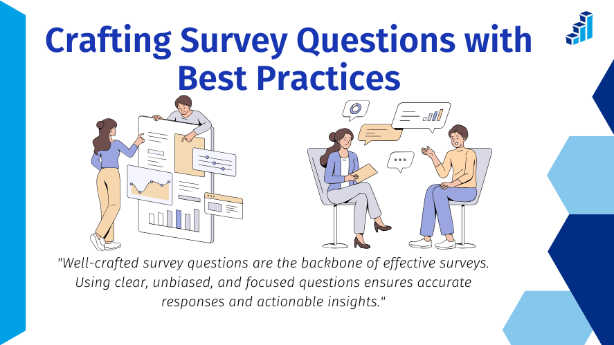 Illustration of individuals analyzing survey data with the title 'Crafting Survey Questions with Best Practices' and a sub-statement: 'Well-crafted survey questions are the backbone of effective surveys. Using clear, unbiased, and focused questions ensures accurate responses and actionable insights.'