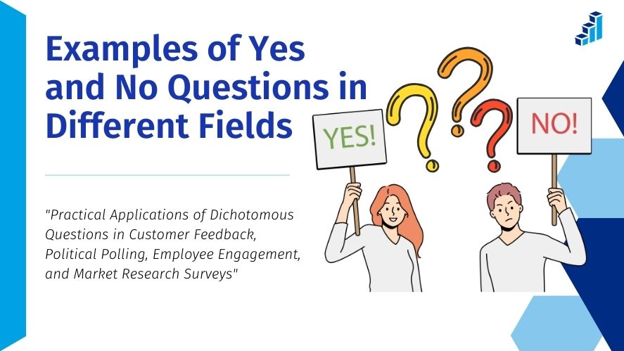 Illustration of two people holding signs with 'YES!' and 'NO!' written on them, surrounded by colorful question marks. The image represents the use of yes and no questions across various fields, with the title 'Examples of Yes and No Questions in Different Fields' and a subheading highlighting their practical applications in surveys for customer feedback, political polling, employee engagement, and market research.